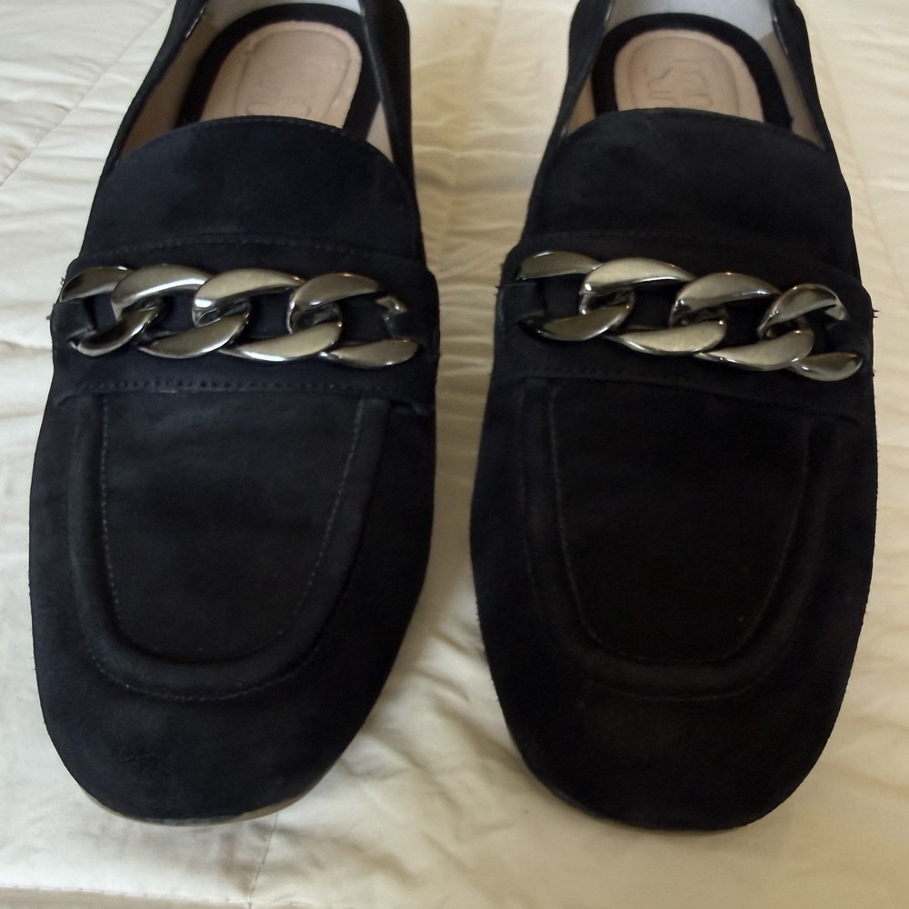 Franco Sarto Chunky Chain Suede Leather Loafers Sz 8.5 Black Block Heel Academia - Picture 3 of 10